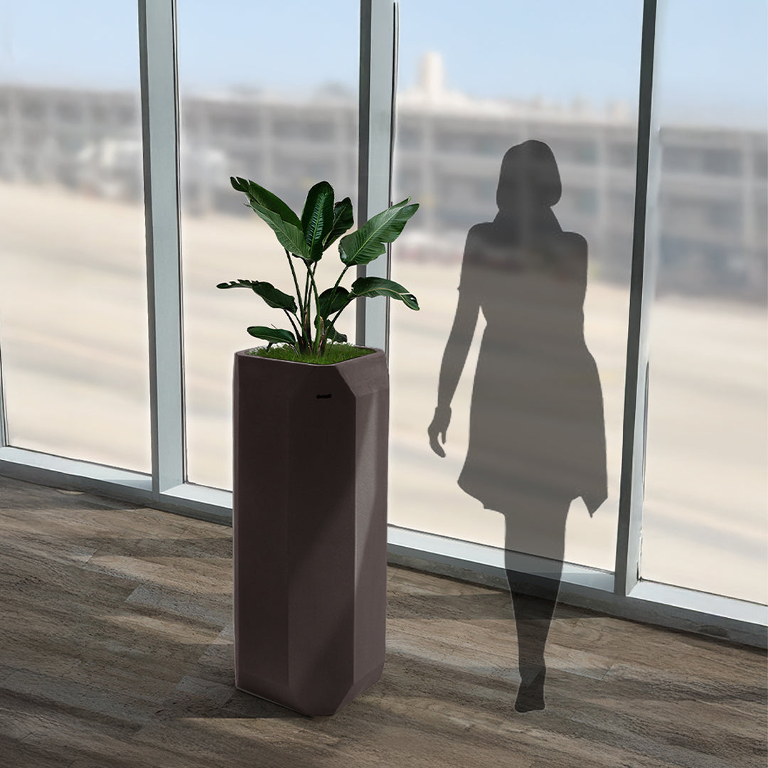 Coffee brown inorganic fiberglass planter box by BEACON, ideal for outdoor or indoor plant displays, durable and weather-resistant.