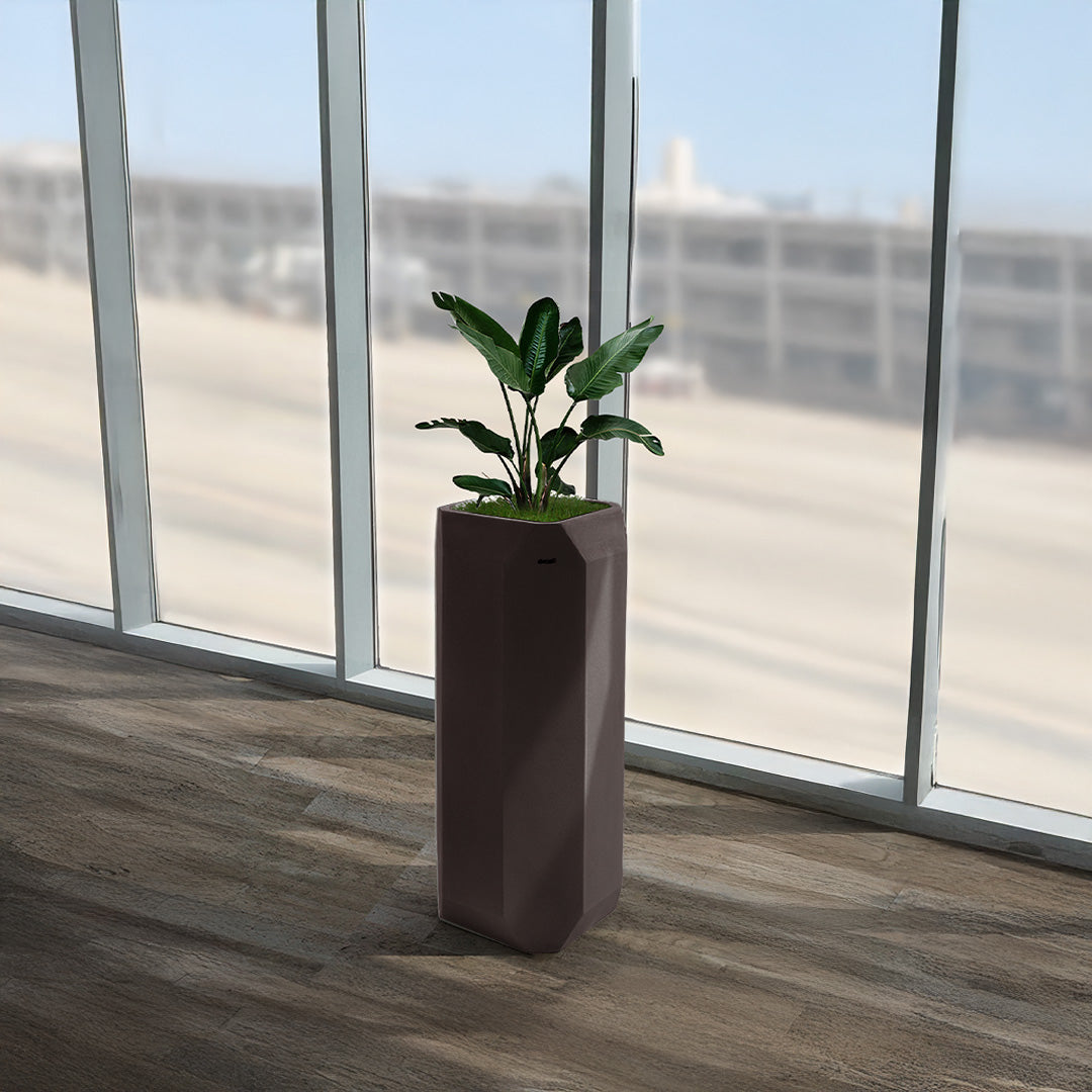 Coffee brown inorganic fiberglass planter box by BEACON, perfect for outdoor or indoor plant displays in modern garden spaces.