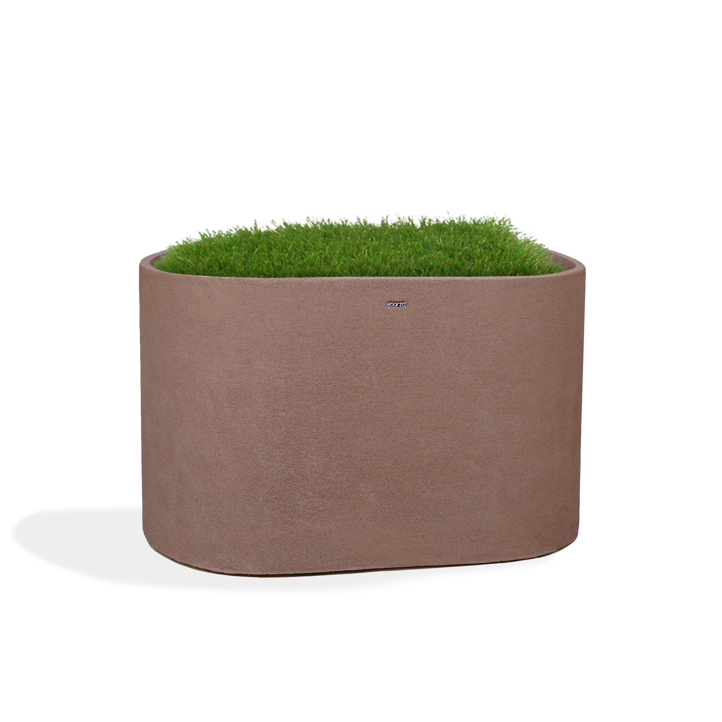 Coffee brown planter box by BEACON, made of durable material, shown with plants in the stylish, rectangular outdoor planter.