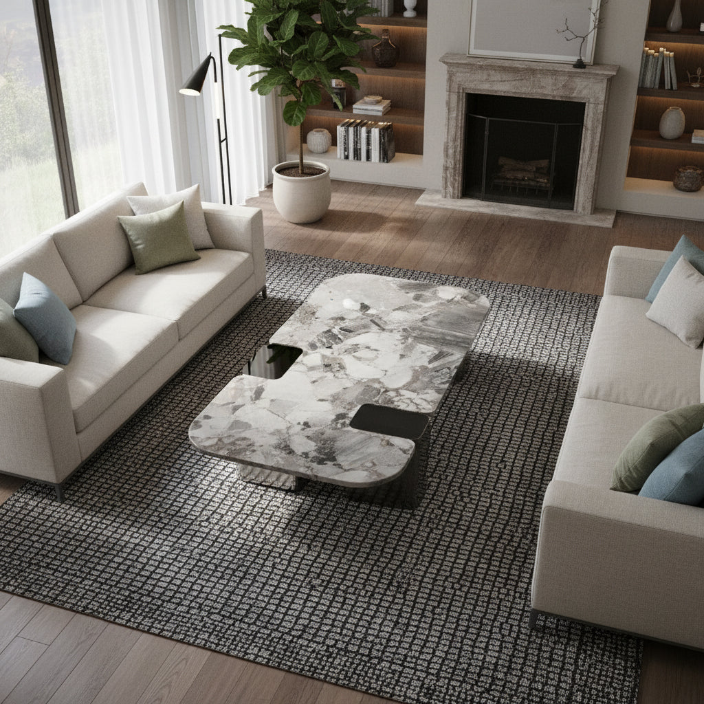 Modern coffee table with natural stone top and stainless steel legs, designed by BEACON for stylish living rooms.