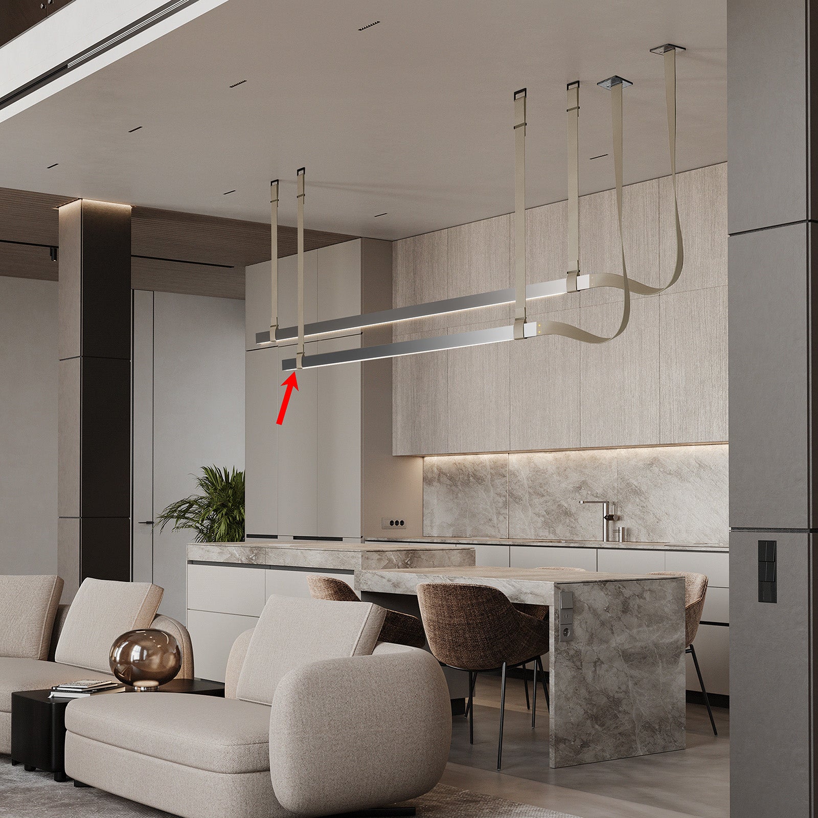 Black leather pendant lamp with comet tail design, 1.2m length, by BEACON, featuring modern pendant lighting for stylish interiors.