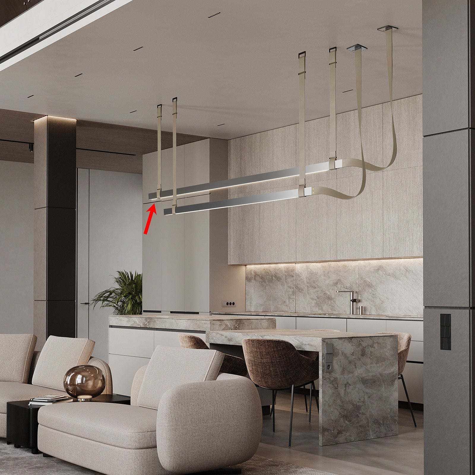 Black leather pendant lamp with comet-tail design, 1.5m length, from BEACON, featuring modern pendant lighting for stylish interiors.