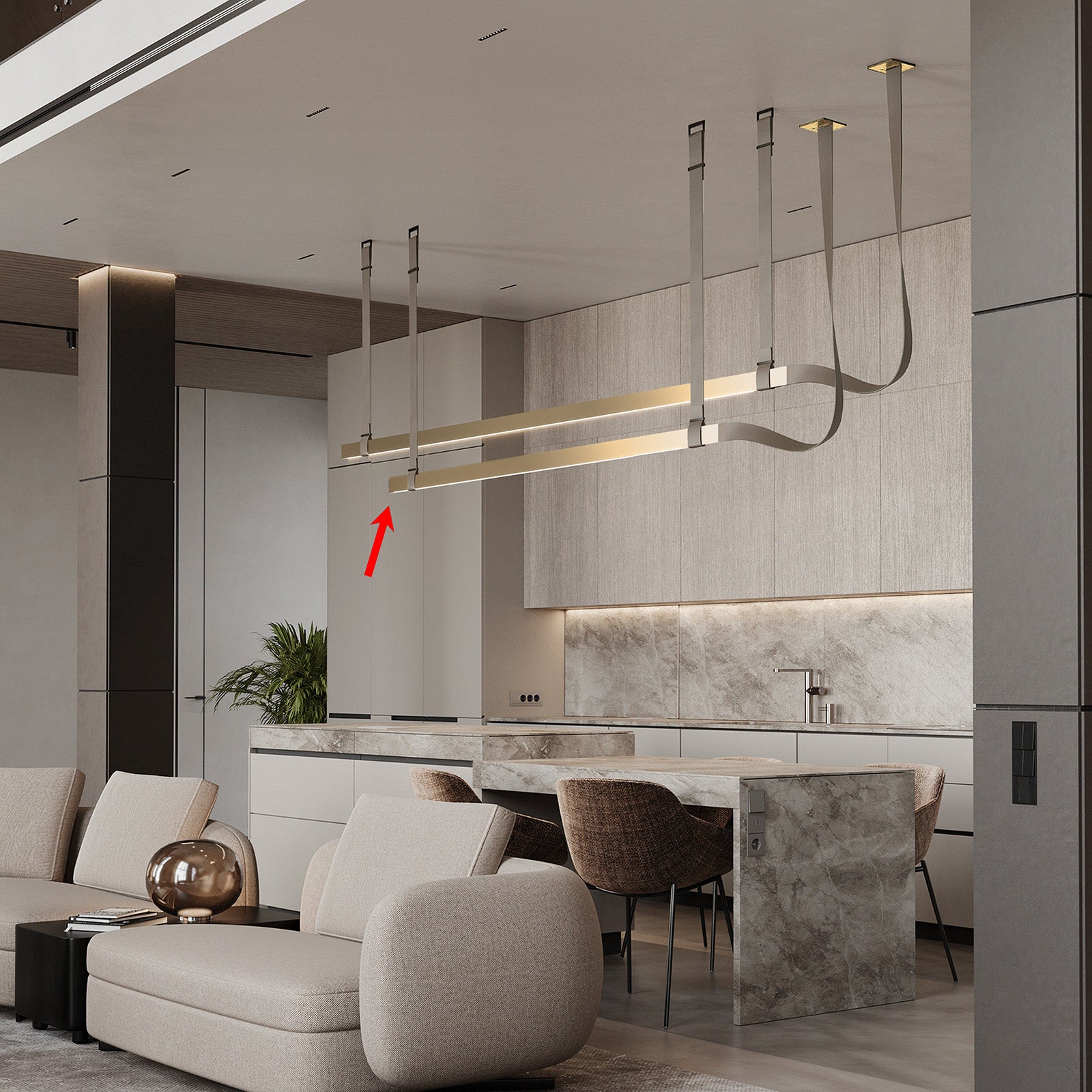 Comet Tail Leather Gold Pendant Lamp by BEACON, 1.2m, featuring a sleek leather and gold finish, hanging pendant light.