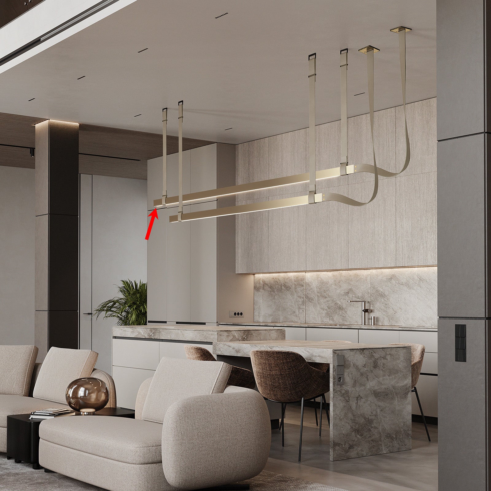 Beige leather and gold pendant lamp with comet tail design, 1.5m length, from BEACON's CY-DD-1053-G collection.