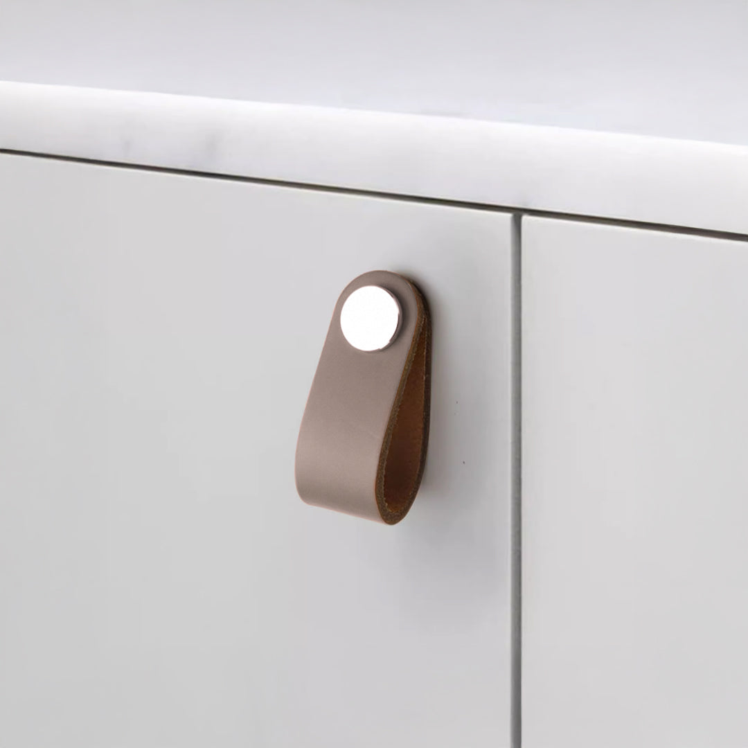 Cowhide layered door handle with stainless steel button knob by BEACON, designed for stylish and durable door hardware.