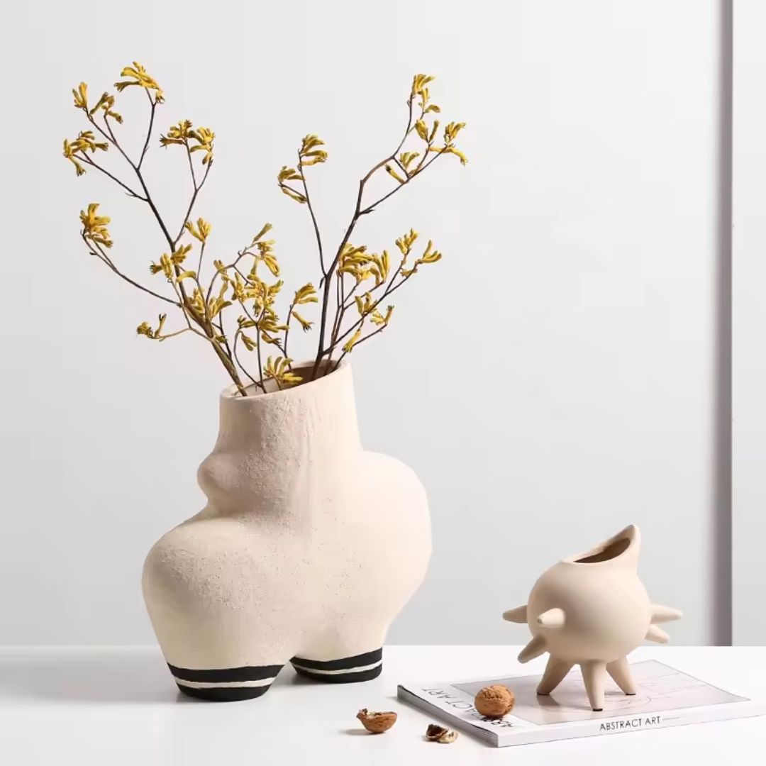 Cream ceramic vase with black stripe detail, stylish BEACON vase for home decor, FA-D22123.