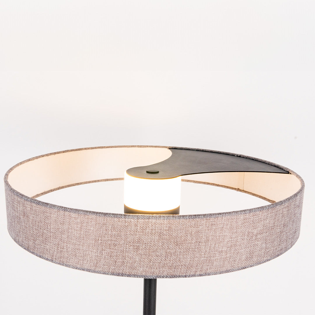 BEACON Crescent LED floor lamp with metal aluminum base and fabric shade, featuring a sleek crescent shape and modern design