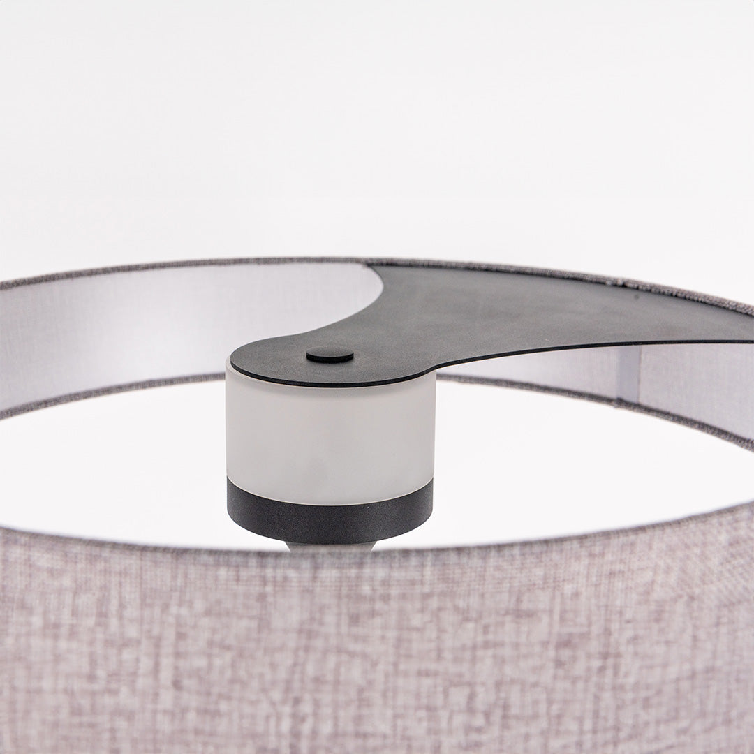 Beacon Crescent LED floor lamp with a metal aluminum frame and fabric shade, featuring a sleek crescent design.