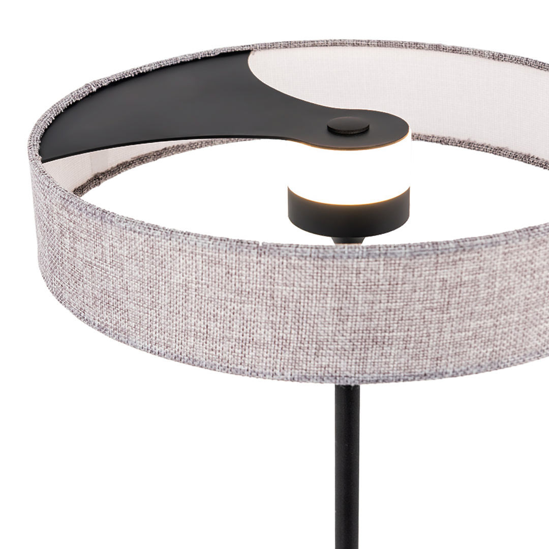 BEACON Crescent LED floor lamp with aluminum metal base and fabric shade, featuring a sleek crescent design.