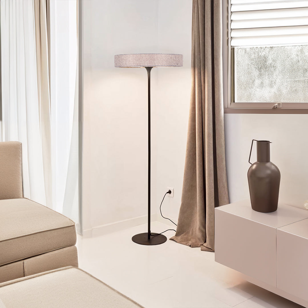 BEACON Crescent LED metal and aluminum fabric floor lamp with a curved design and modern style.