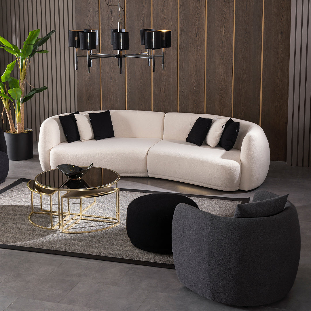 SABRINO Crown 4 Seater Curved Sofa in brown fabric, showcasing plush cushions and sleek design for modern living rooms.