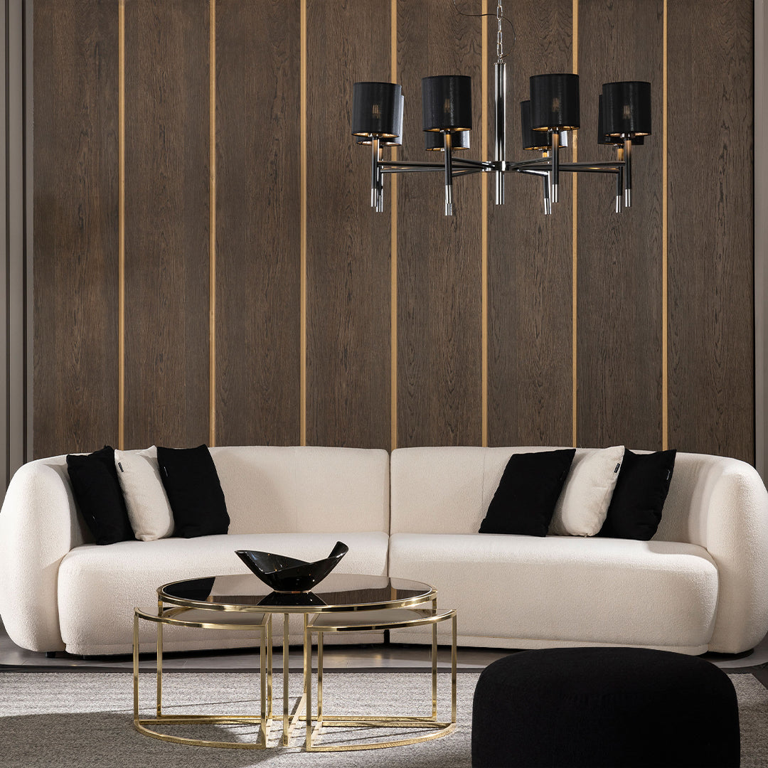 SABRINO Crown 4 seater curved sofa in rich brown fabric, modern design with plush cushions and sleek armrests.