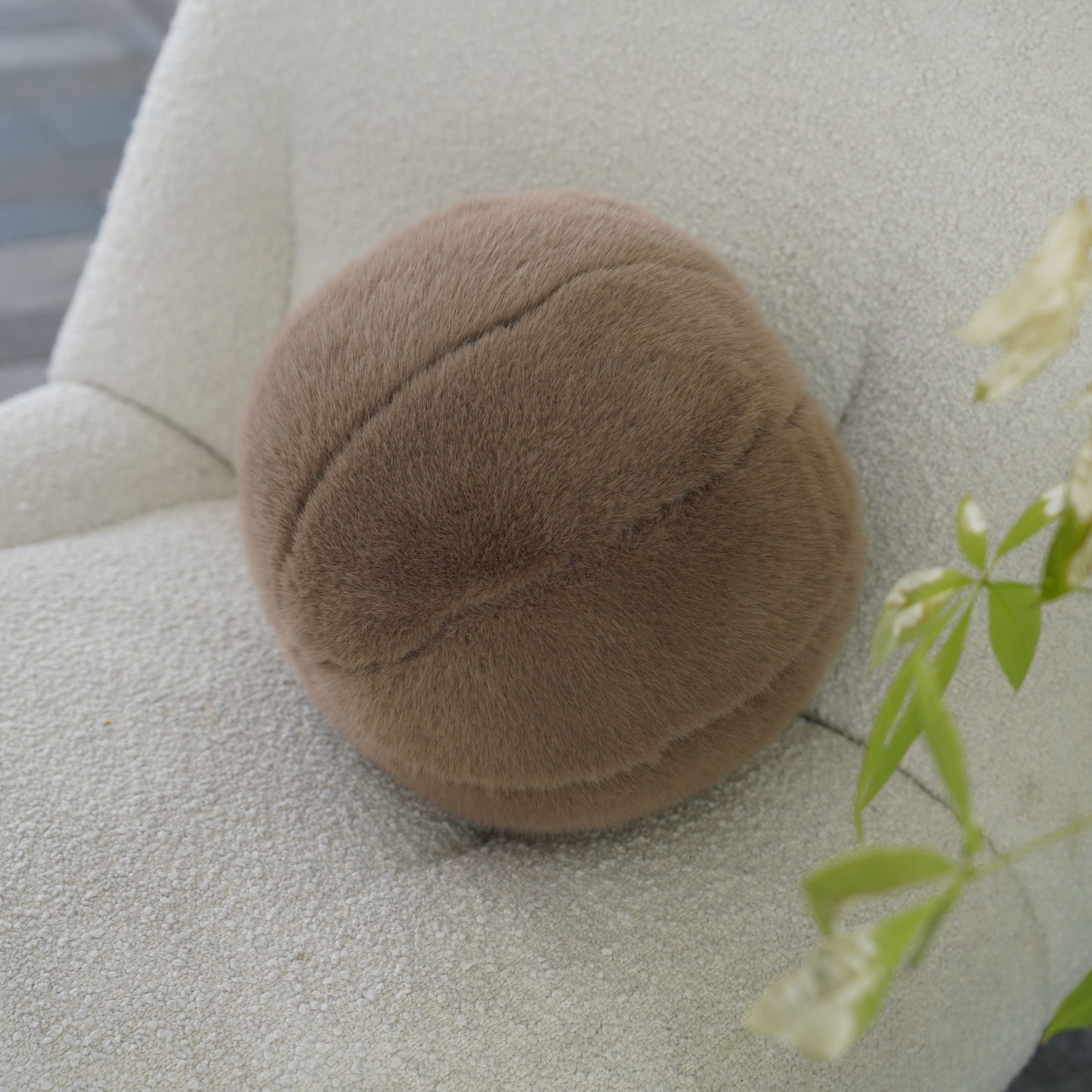 Beige plush ball cushion with filling, 30cm diameter, from BEACON, featuring soft, textured fabric and round shape.
