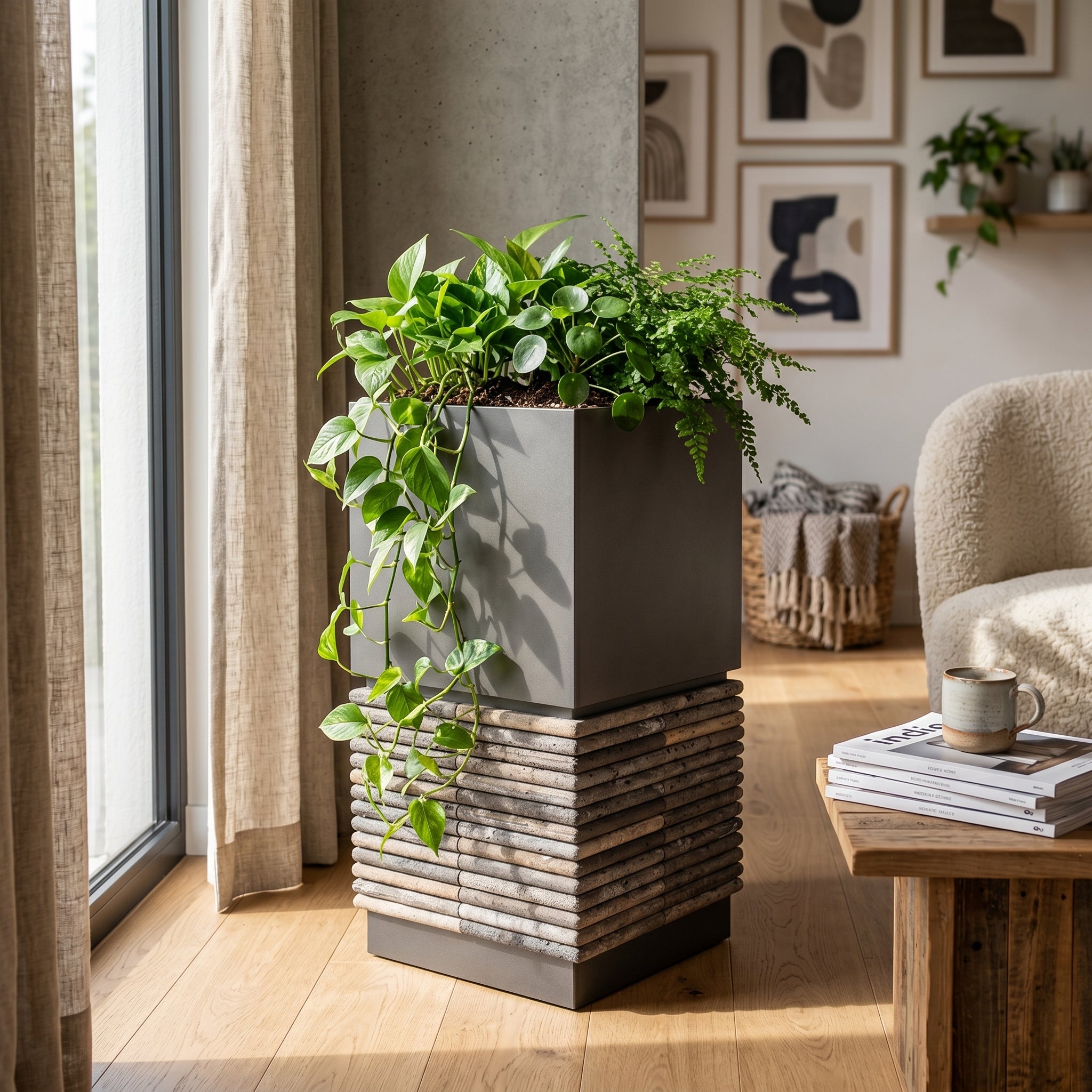 Square planter box by ebarza with a modern design, shown in a natural setting ready for 30-day delivery pre-order.