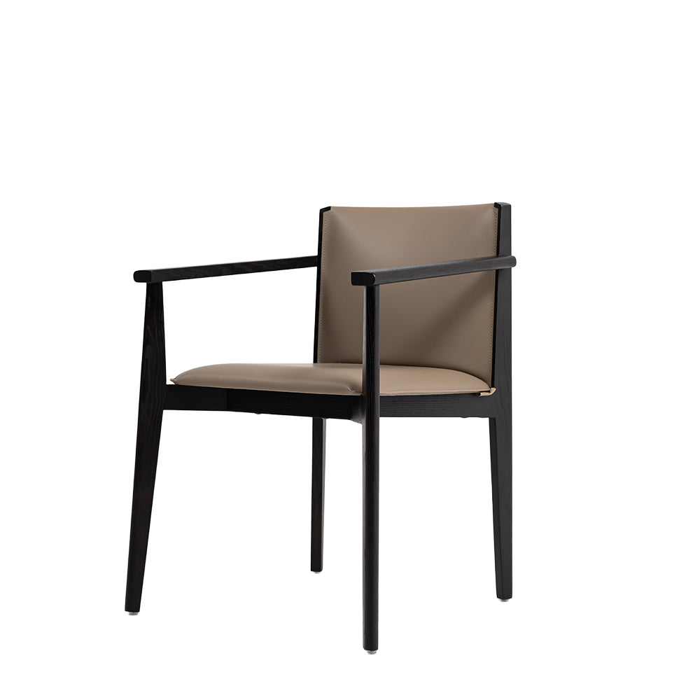 Dark saddle leather arm dining chair with wooden legs, modern design, and padded back for comfortable seating.