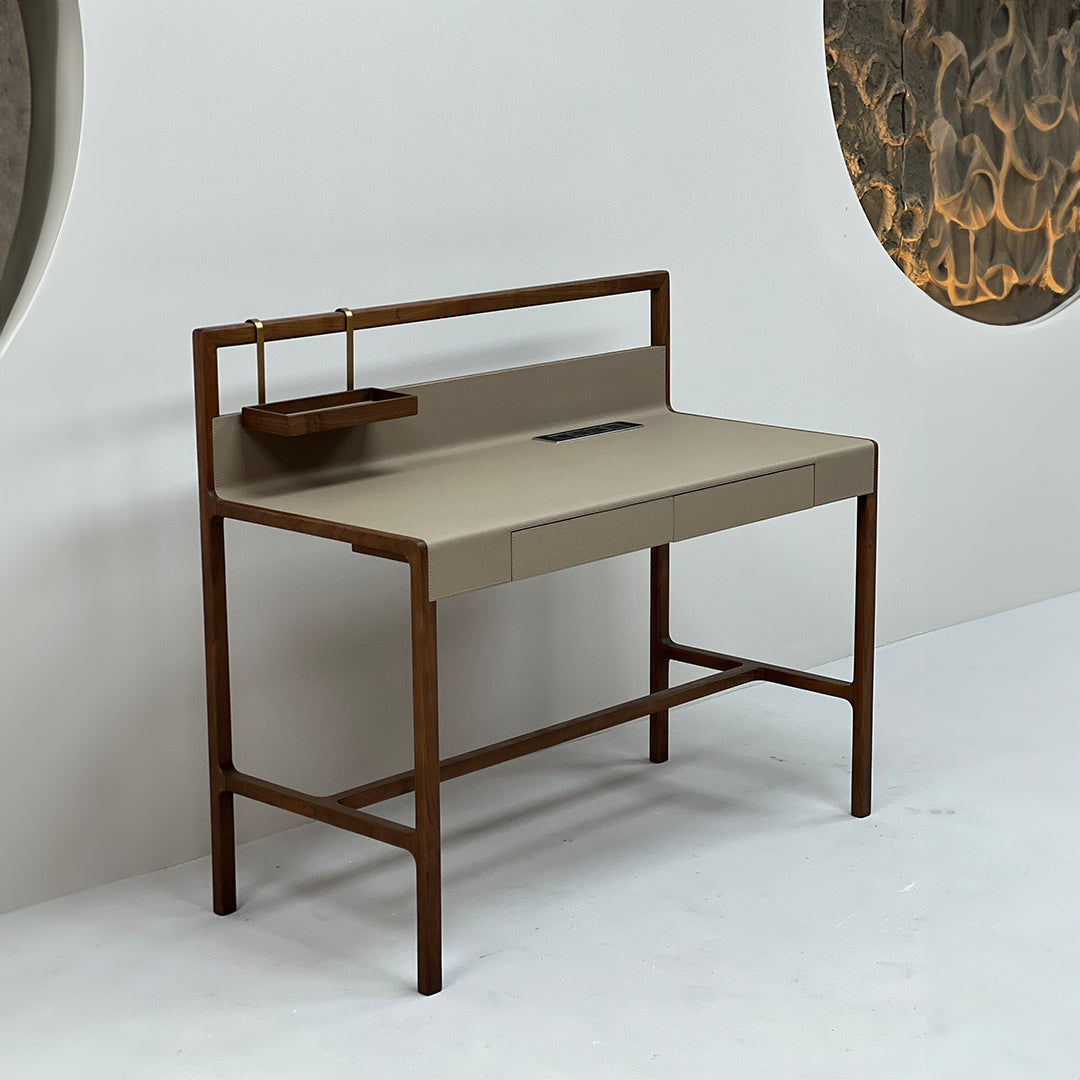 Dark walnut wooden office desk from BEACON, model JK-J12 with spacious surface and clean design for workspace comfort.