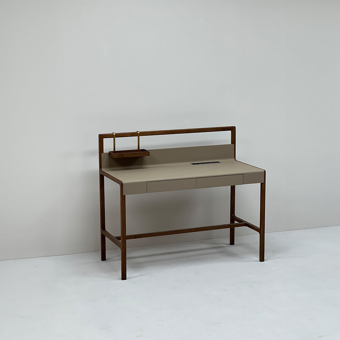 Dark walnut wooden office desk with a sleek, modern design from BEACON, featuring a spacious workspace and sturdy structure.