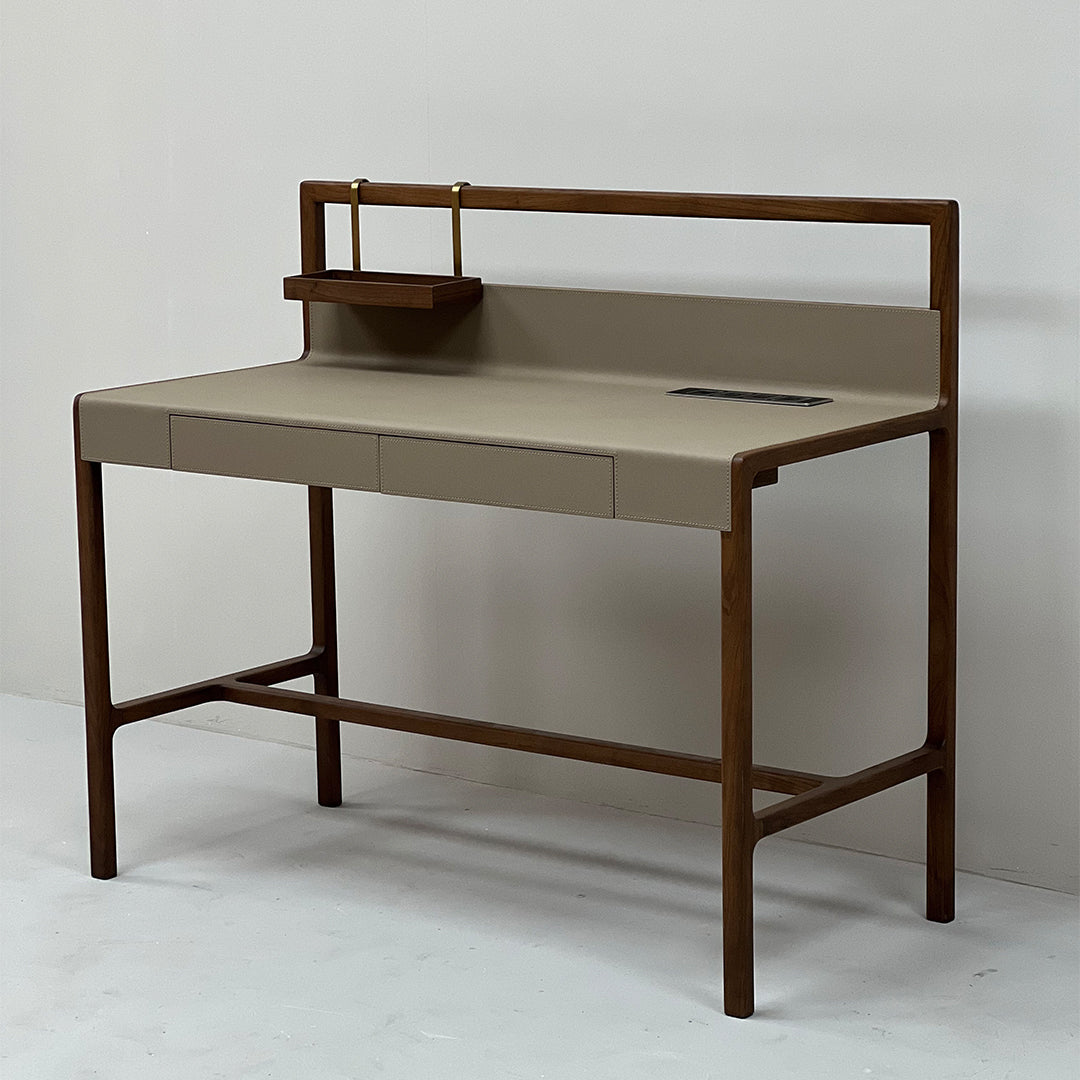Dark walnut wooden office desk from BEACON with a sleek, modern design and spacious surface for workspace.