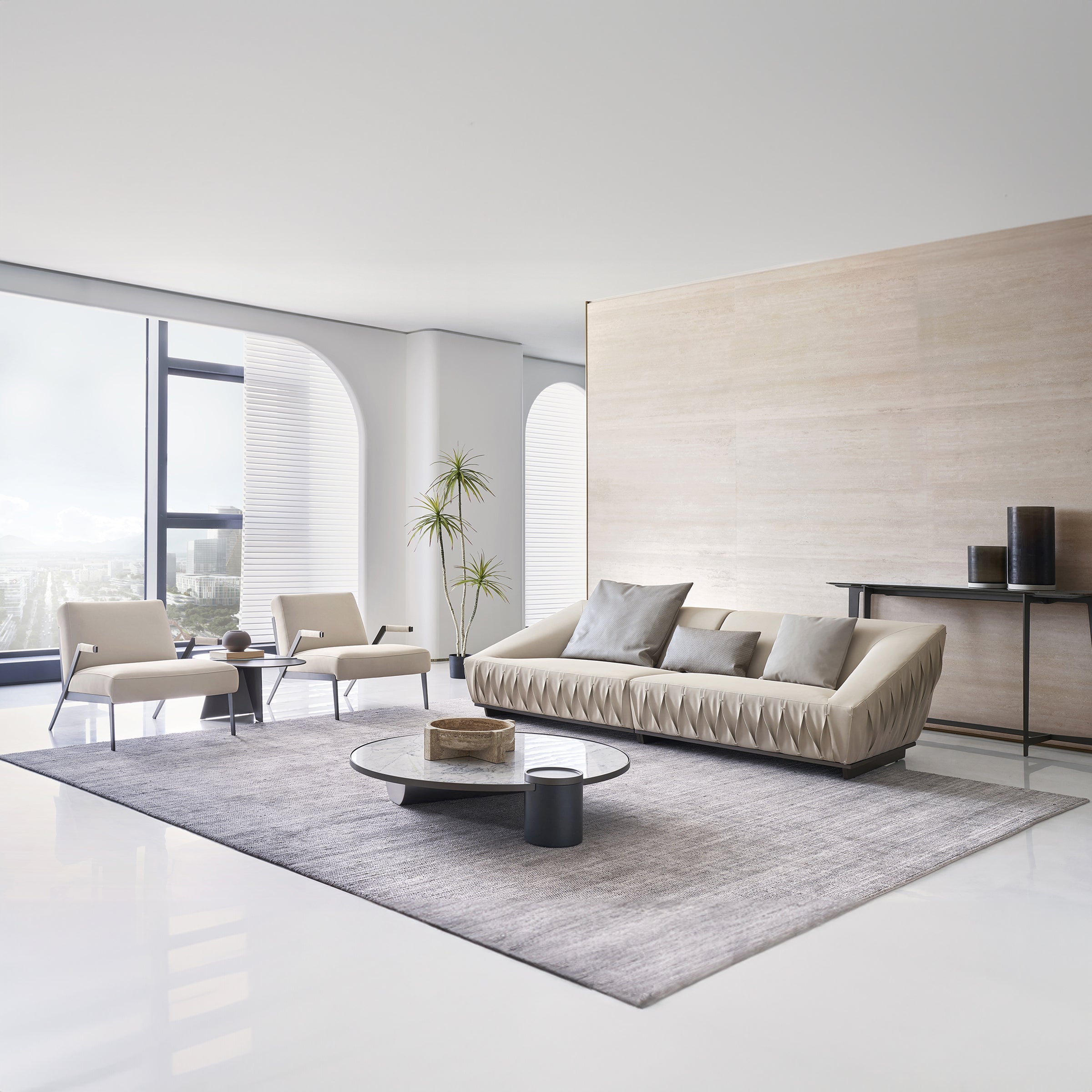 Desert beige leather lounge chair by BEACON, modern design with plush cushions and sleek wooden legs.