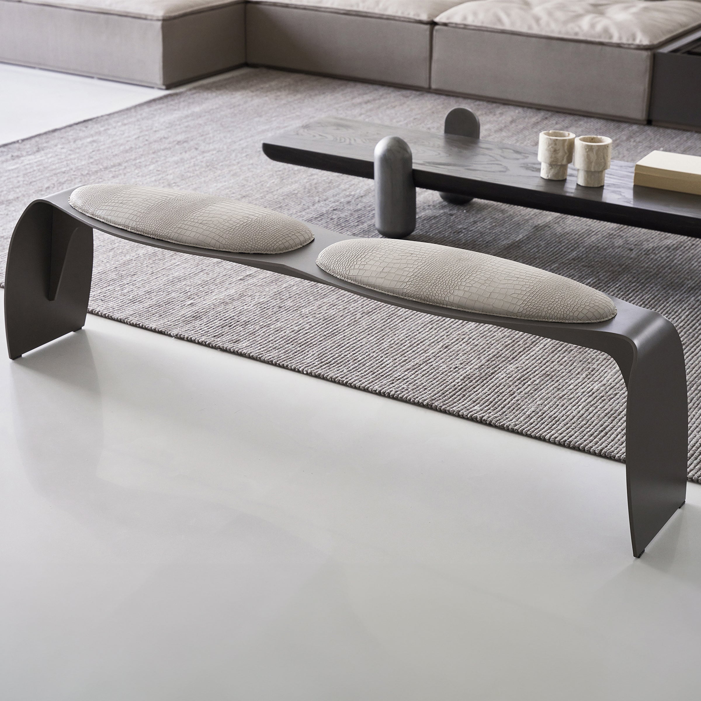 Desert Crocodile Bench by BEACON, featuring a textured crocodile pattern and sturdy wooden legs, ideal for indoor or outdoor seating.