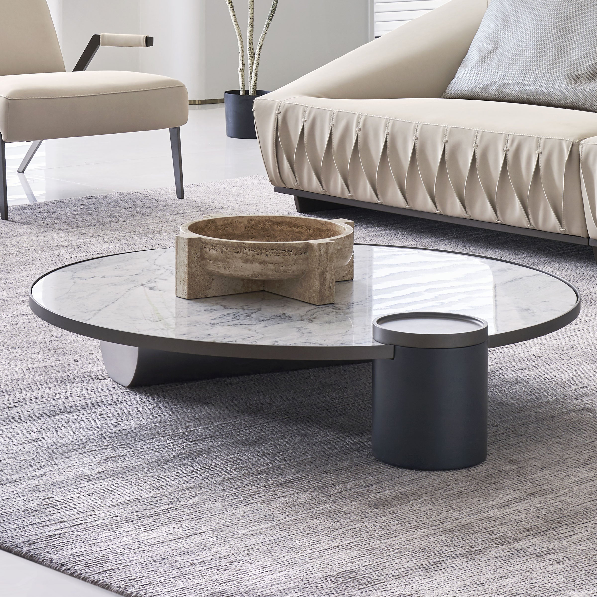 Display of BEACON desert marble coffee table with sleek surface and modern design, showcasing its elegant, natural stone finish.