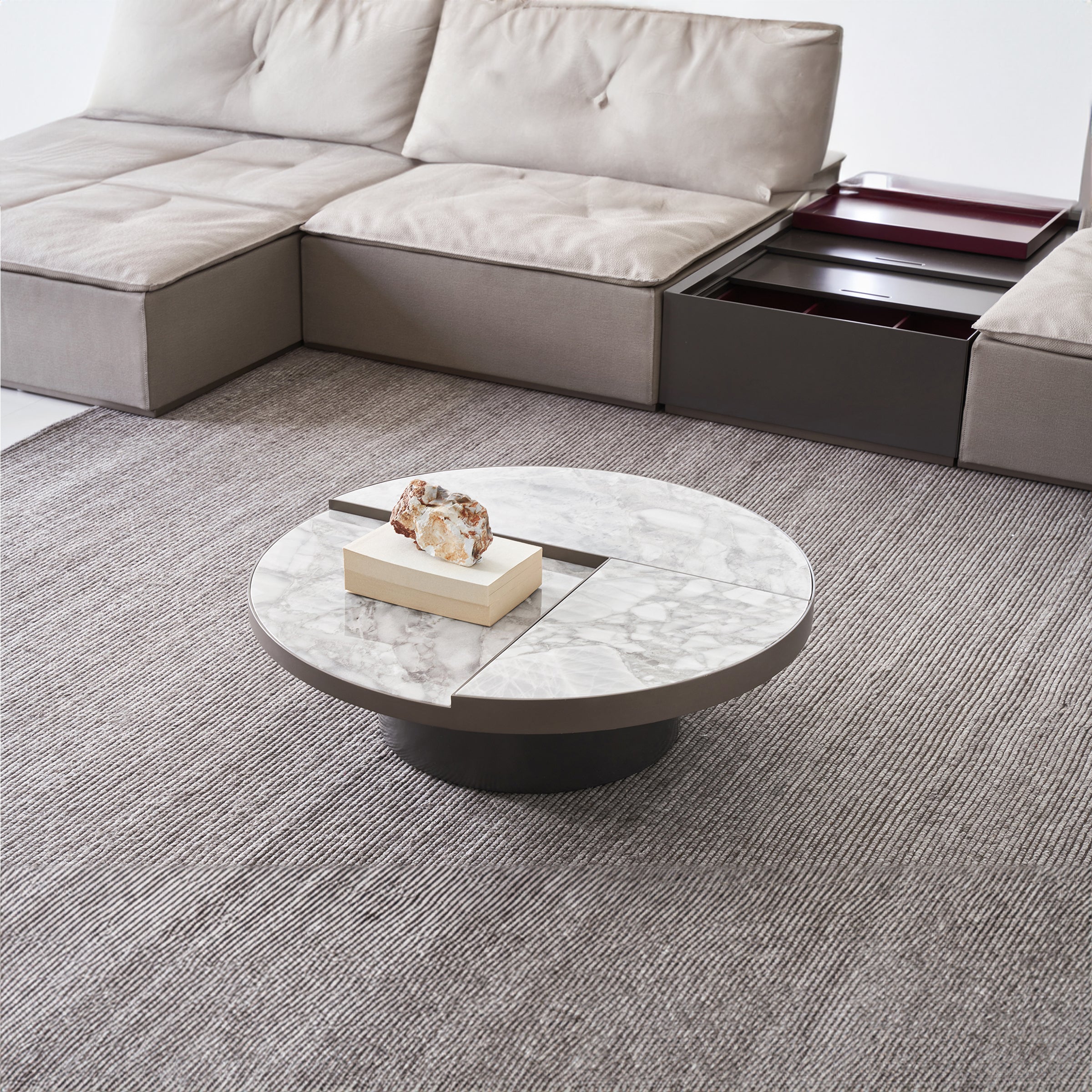 Desert marble coffee table by BEACON, modern design with a smooth marble surface and sturdy base for contemporary living rooms.