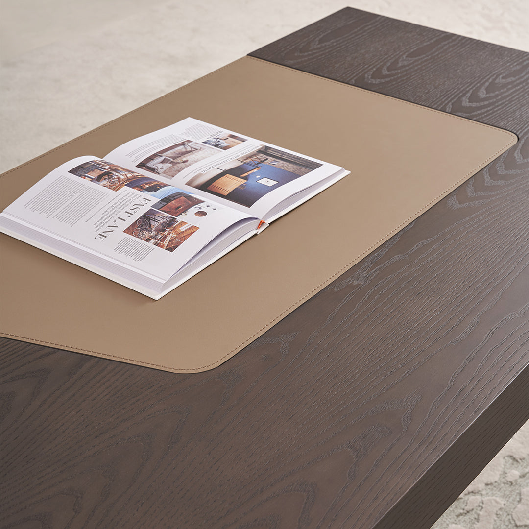Desert saddle leather office desk dresser by BEACON with sleek design and ample storage space.