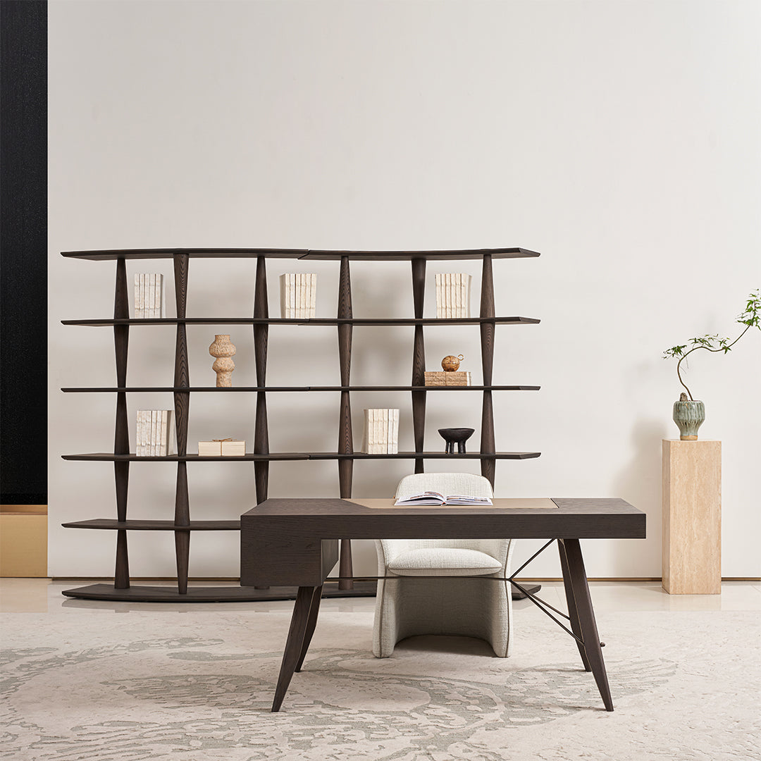 Desert saddle leather office desk dresser by BEACON, featuring a stylish storage unit with multiple drawers and a sleek design.