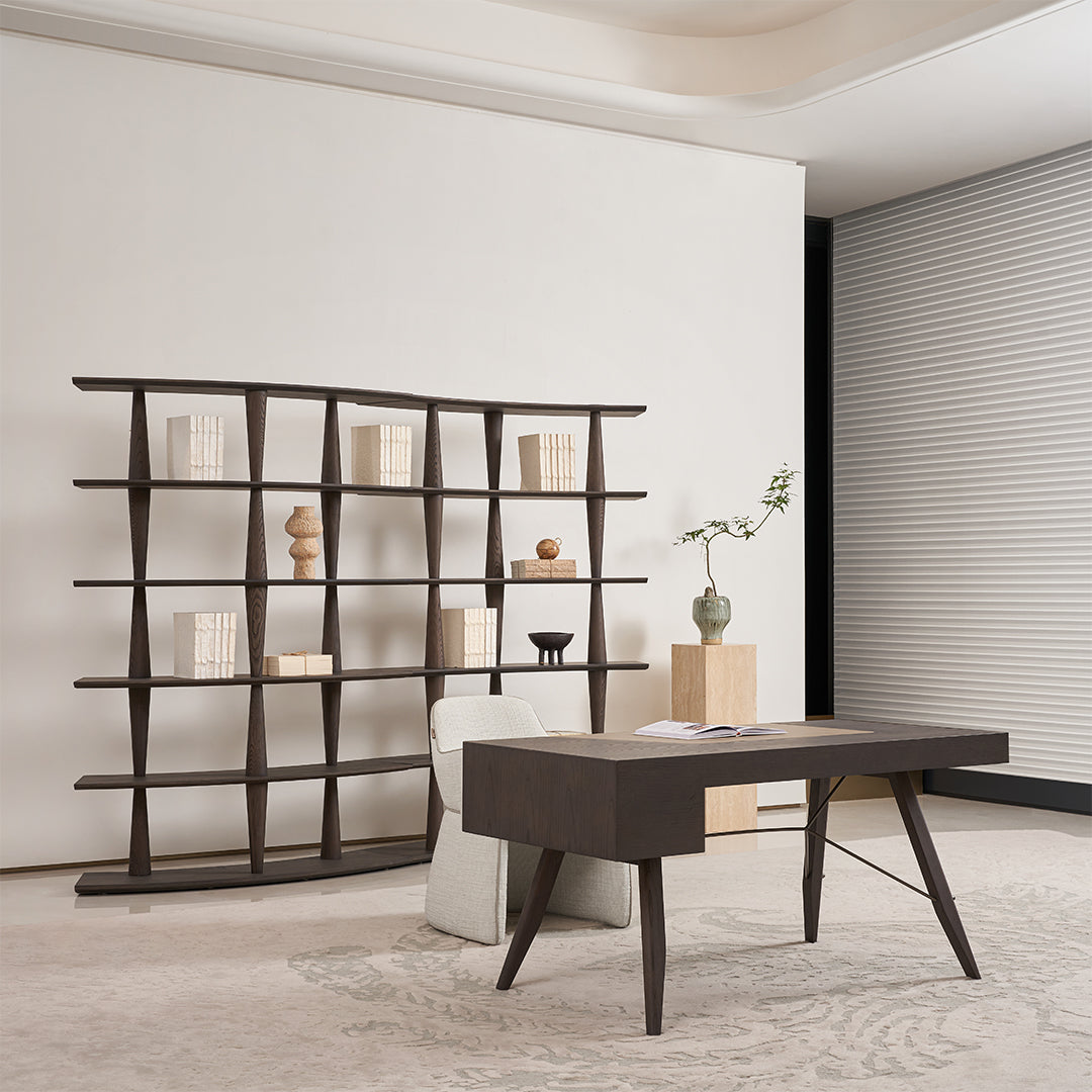 Desert saddle leather office desk dresser by BEACON, featuring a stylish and functional storage unit with a leather finish.