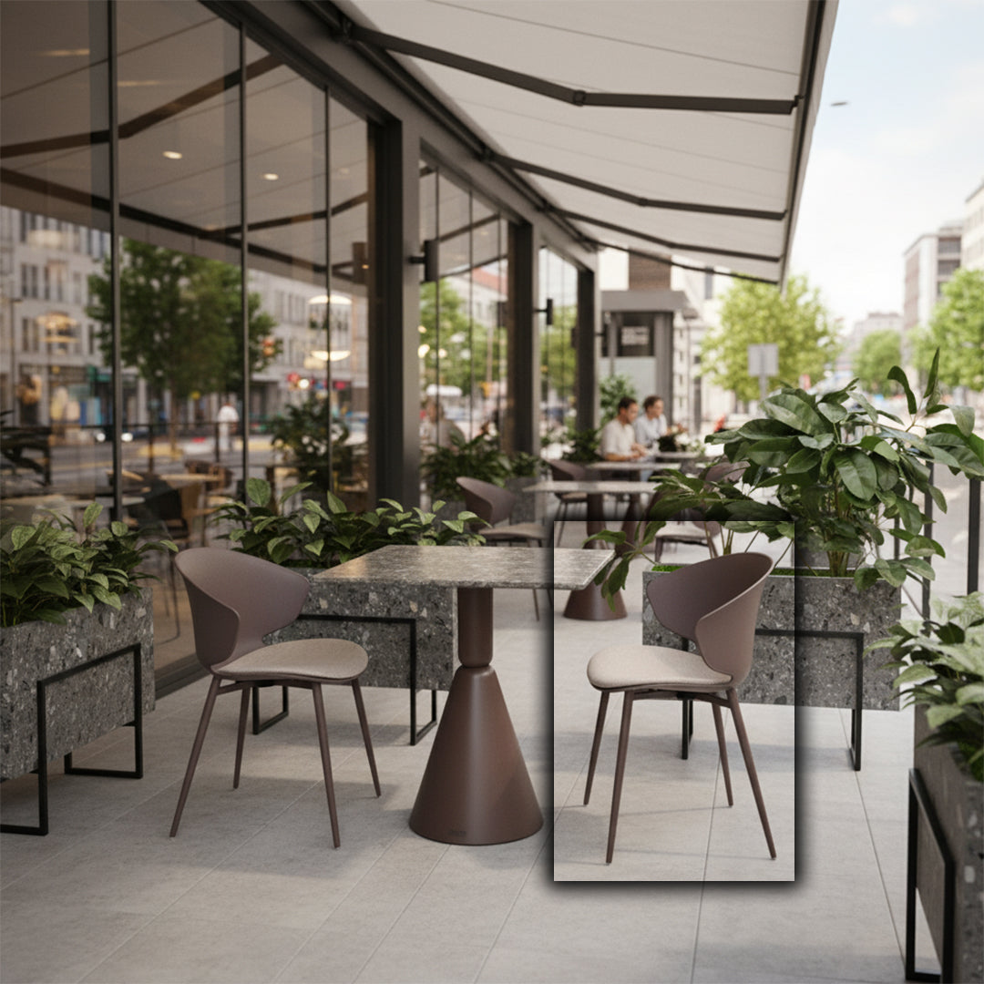 Coffee-colored BEACON dining chair with a modern design, featuring a cushioned seat and wooden legs.