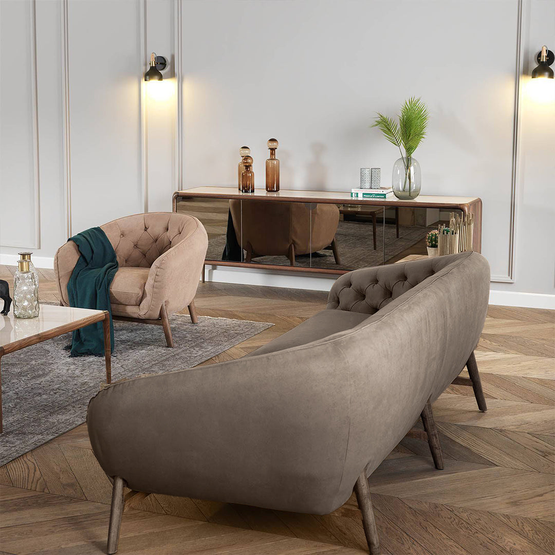 Display of HOMAGE KOLTUK 2+1 Icon sofa set with gray fabric upholstery and modern design, arranged in a living room setting.