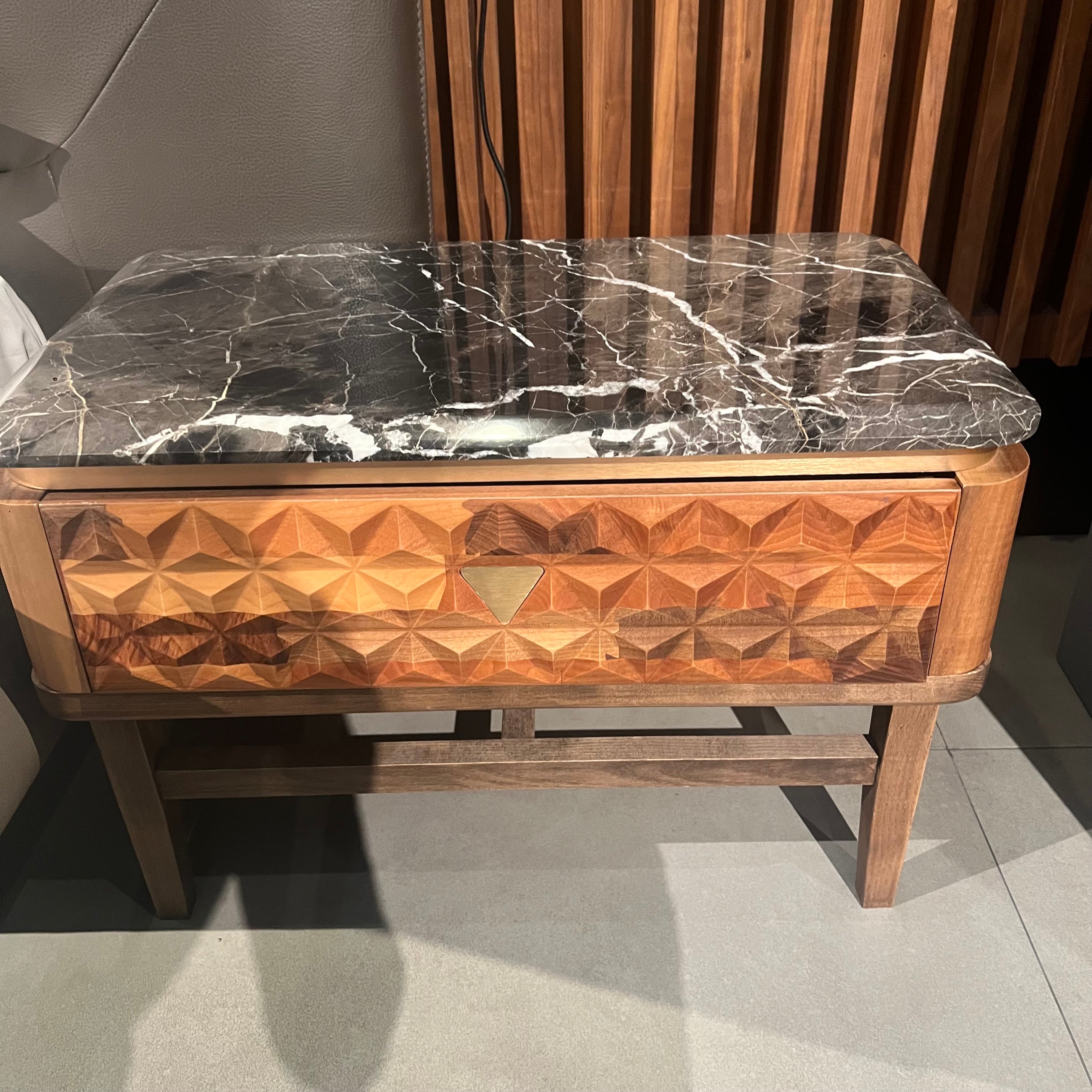 Two Zen bedside tables from HOMAGE KOLTUK display, featuring modern wooden design with clean lines and a smooth finish.