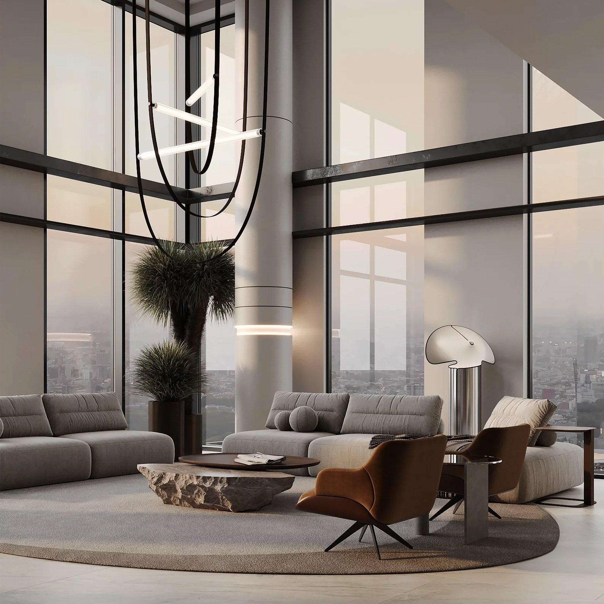 Display of a 500x350 cm round wool rug in beige and brown with Javi brand, JH-22729 Nakheel design.