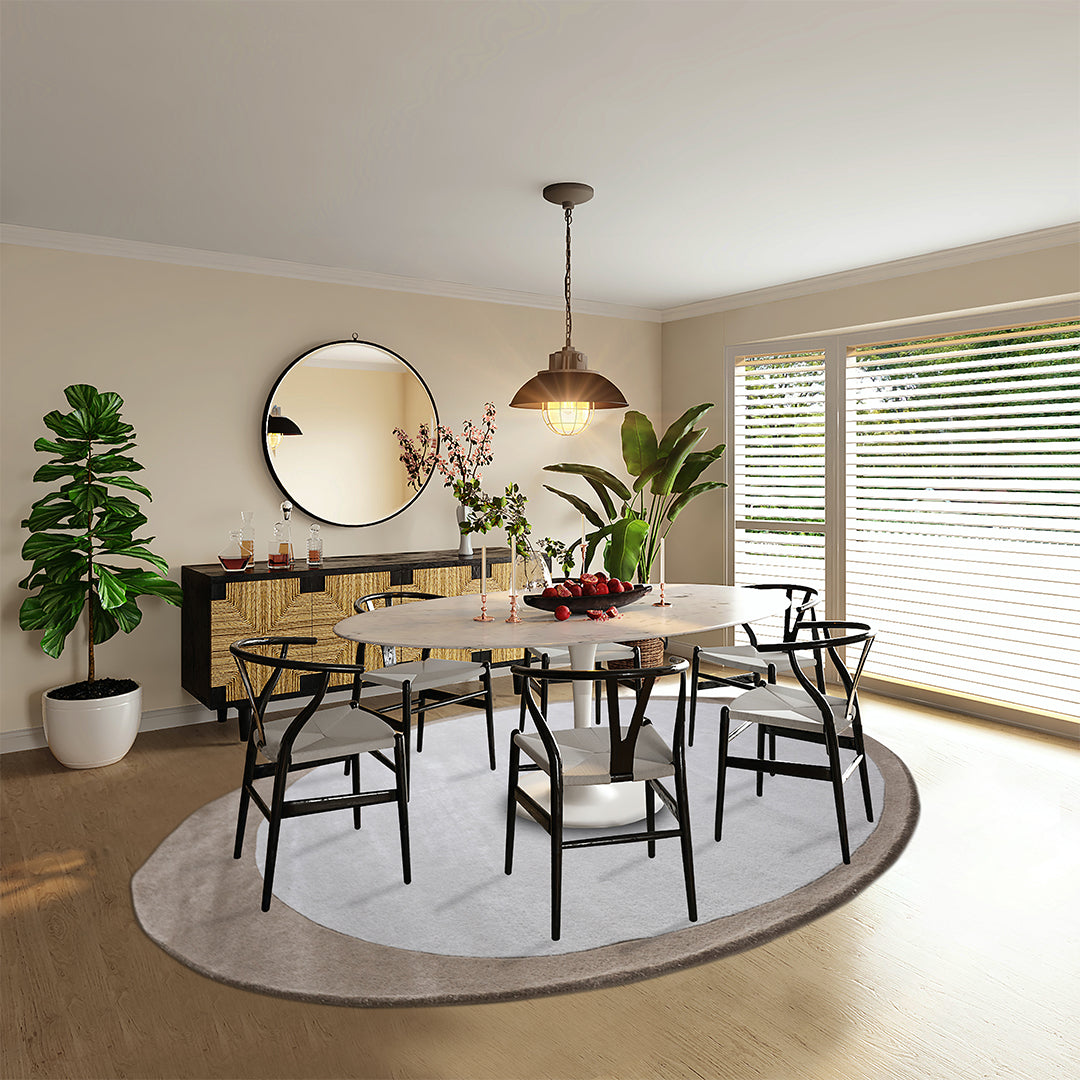 Round wool rug in beige and brown with a textured pattern, size 500x350 cm, by Javi, model JH-22729.