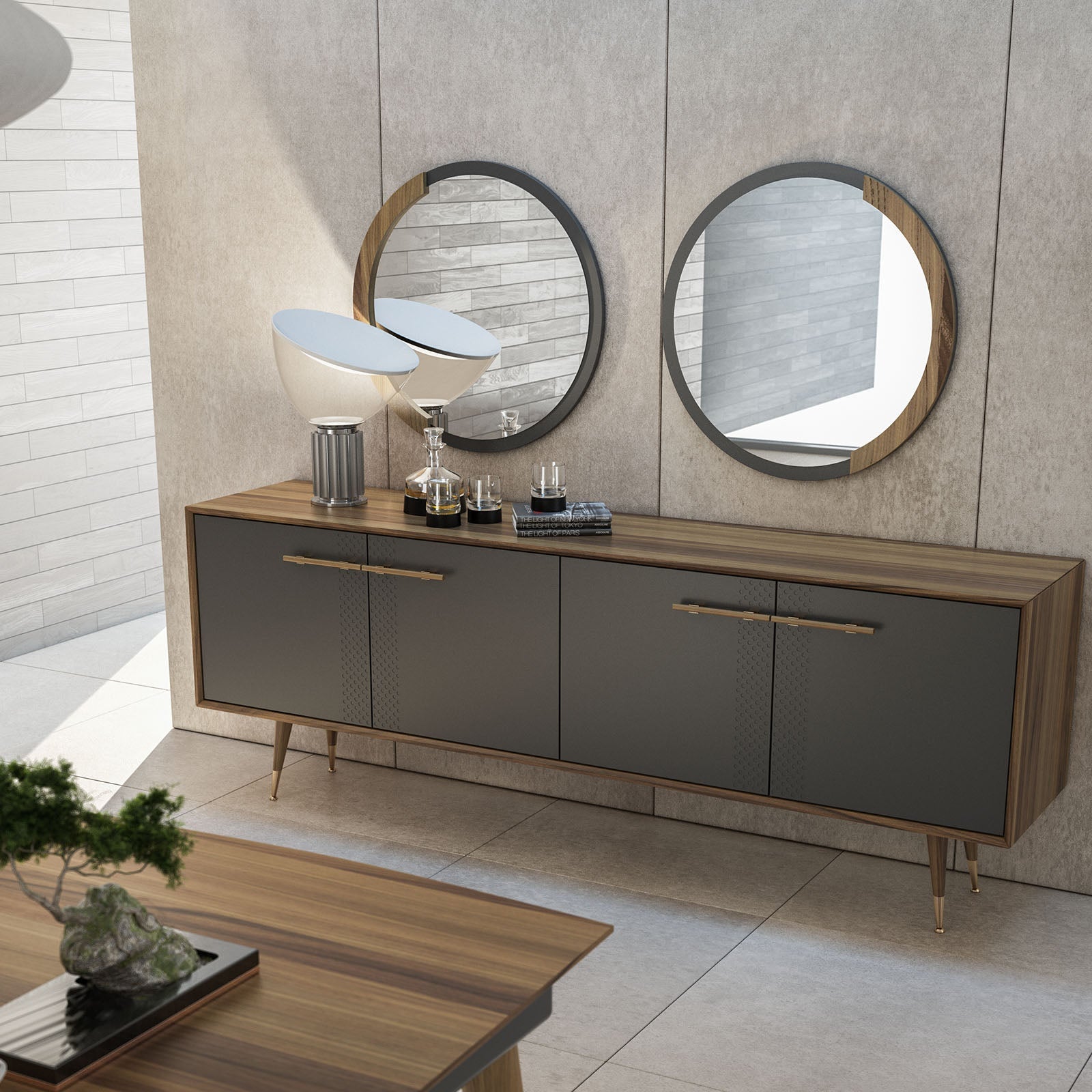 Display of Alvin sideboard console by Nills Furniture Design, showcasing sleek wooden storage with modern design.