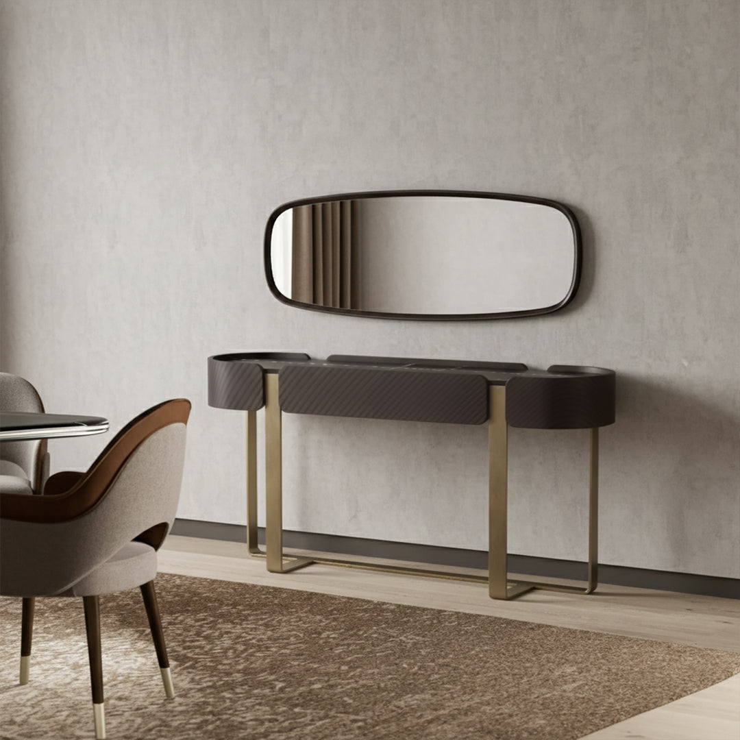 Amber dresser display from LODA Furniture with sleek wood finish and modern design, showcasing storage drawers and contemporary style.