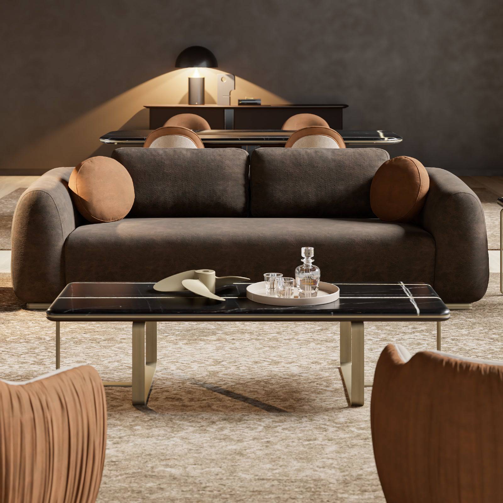 Display item featuring an amber marble center table by LODA Furniture, showcasing a sleek, modern design with a polished marble surface.