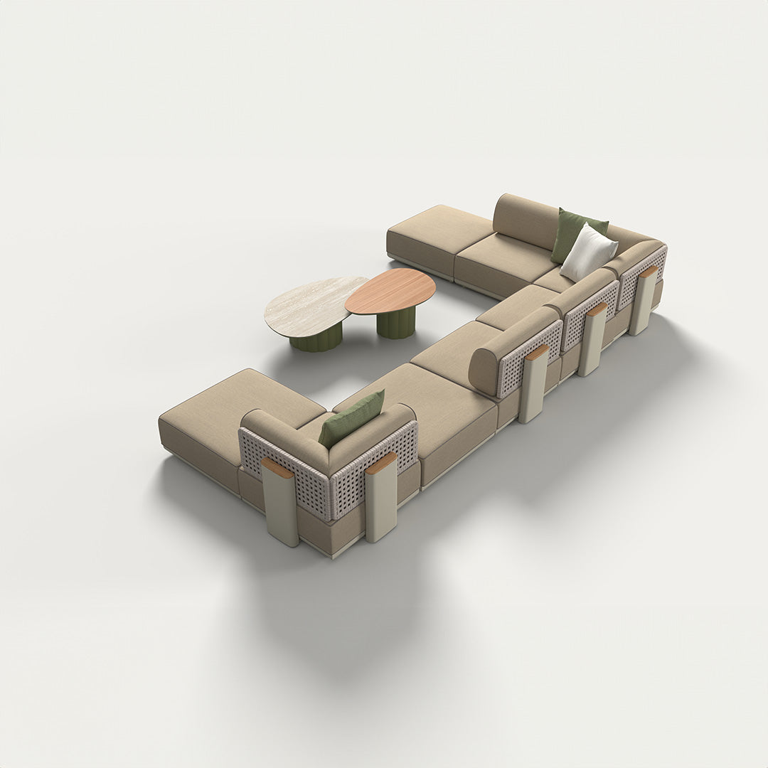 Outdoor beige fabric block pouf by BEACON, stylish and versatile for outdoor seating and decor.