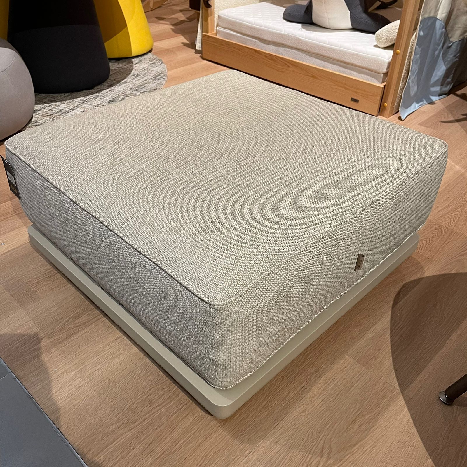 Display image of a Block Outdoor Pouf in aluminum by BEACON (ALMADG), showing its modern, durable outdoor seating design.