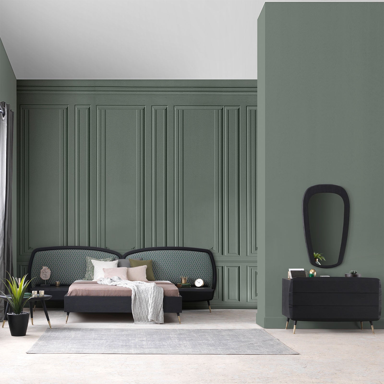 Display of Bug Bedstead and two matching nightstand tables by LODA Furniture, showcasing the bedroom furniture set.