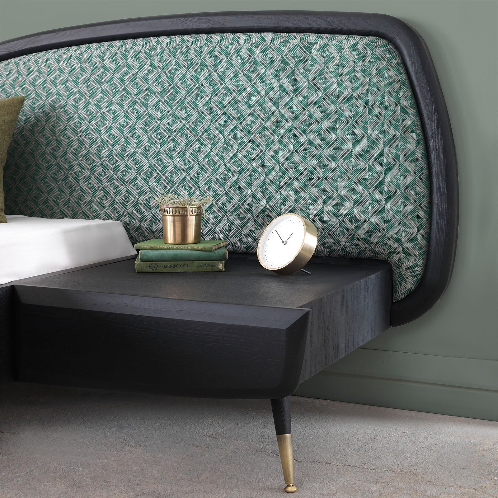 Display of Bug Bedstead and two matching nightstand tables by LODA FURNITURE, showcasing the bedroom furniture set.