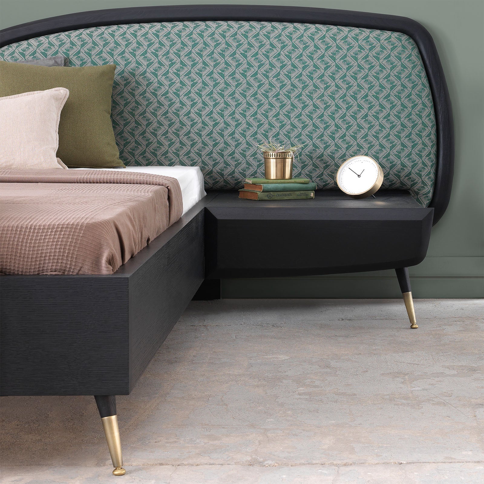 Display of LODA Furniture Bug Bedstead with two matching nightstand tables, showcasing the bedroom set arrangement.