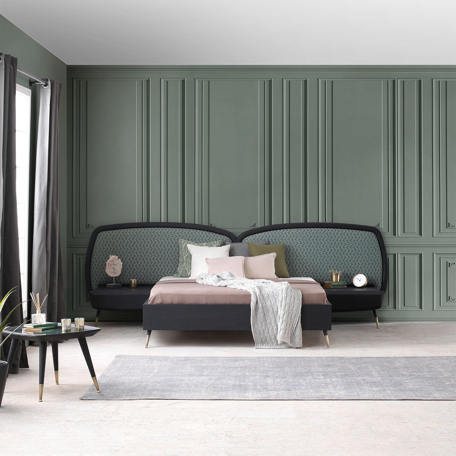 Display image of LODA FURNITURE Bug Bedstead with two matching nightstand tables, showcasing the bedroom set design.