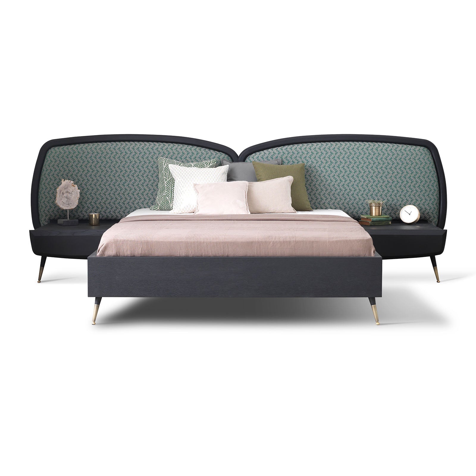 Display of Bug Bedstead and two nightstand tables by LODA Furniture, showcasing a modern bedroom furniture set.