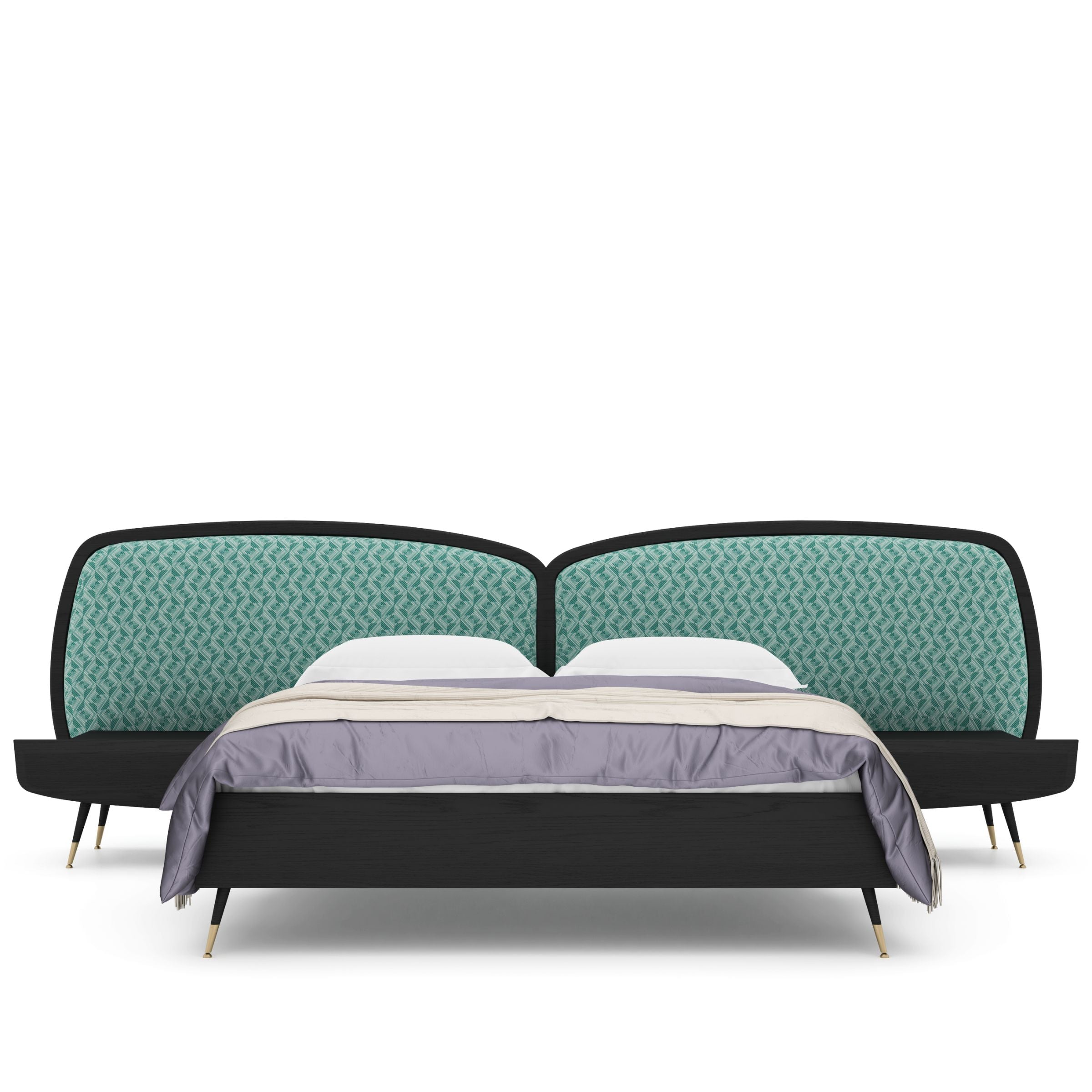 Display of Bug Bedstead and two Bug Bed Nkaheel nightstand tables by LODA Furniture, showcasing modern bedroom furniture set.