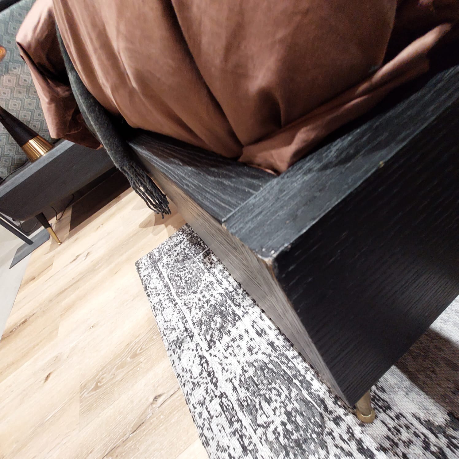 Display of Bug Bedstead and two matching nightstand tables by LODA Furniture, showcasing a modern bedroom furniture set.