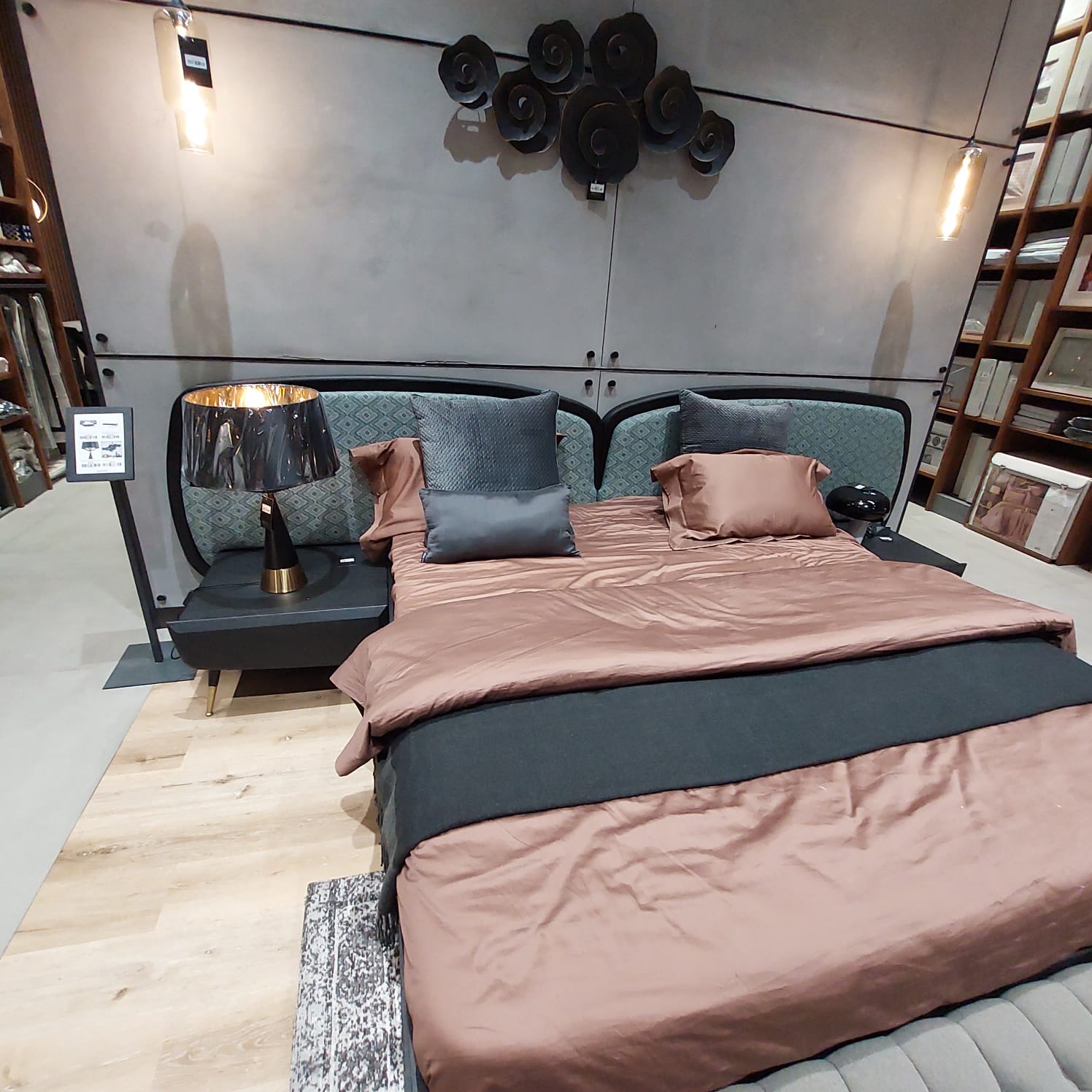 Display of Bug Bedstead and two matching nightstand tables by LODA FURNITURE, showcasing the bedroom furniture set.