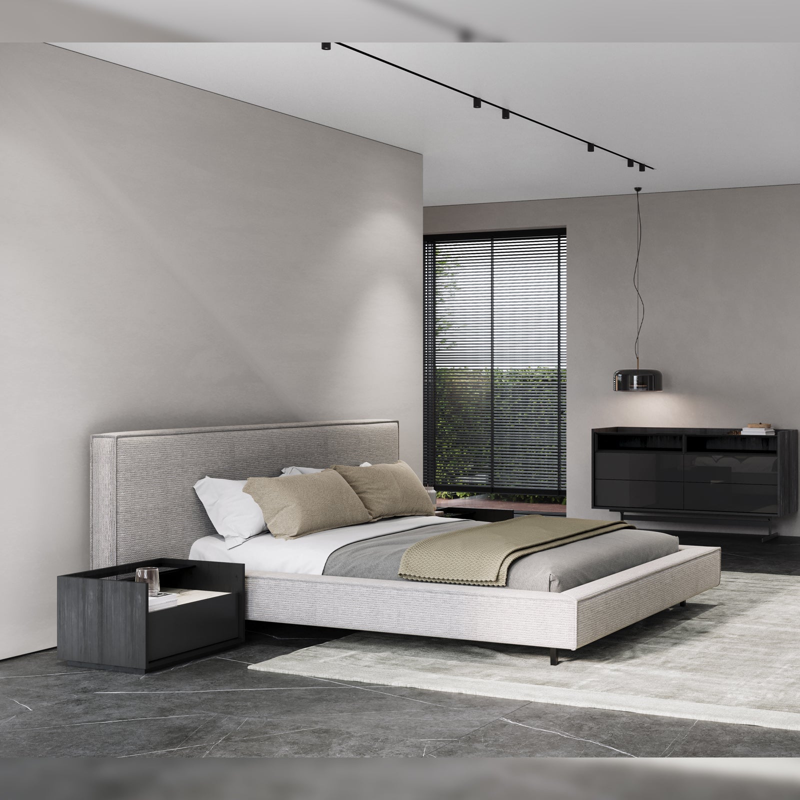 Display of a grey king bedstead by YOL LIVING, showcasing its sturdy frame and elegant design for the COLLECT display.