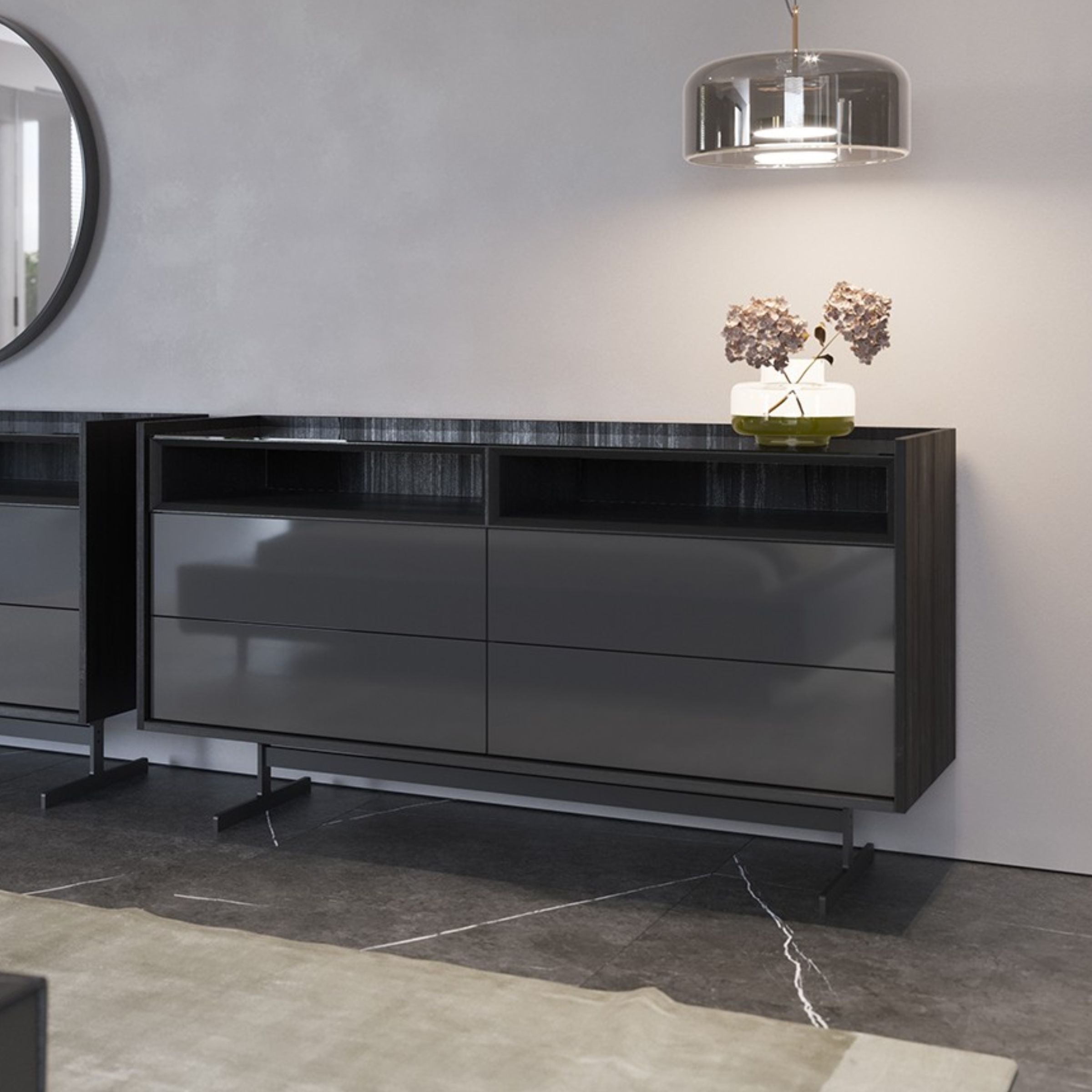 Grey dresser with matching mirror from YOL LIVING collection, featuring sleek drawers and contemporary design.
