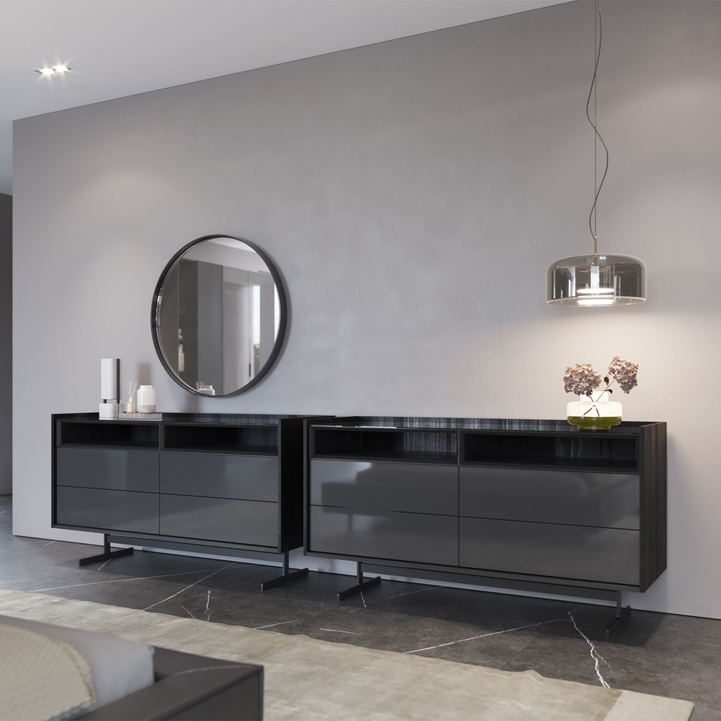 Grey dresser and matching mirror from YOL LIVING collection, modern bedroom furniture set with sleek design and ample storage.